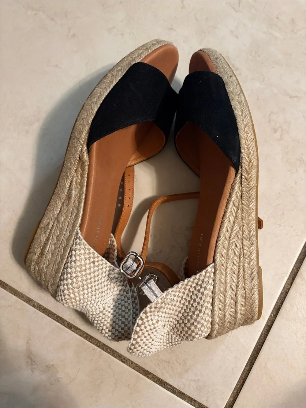 Eric Michael. Black Suede and Tan Leather Sandals with Cream Woven Ankle Strap